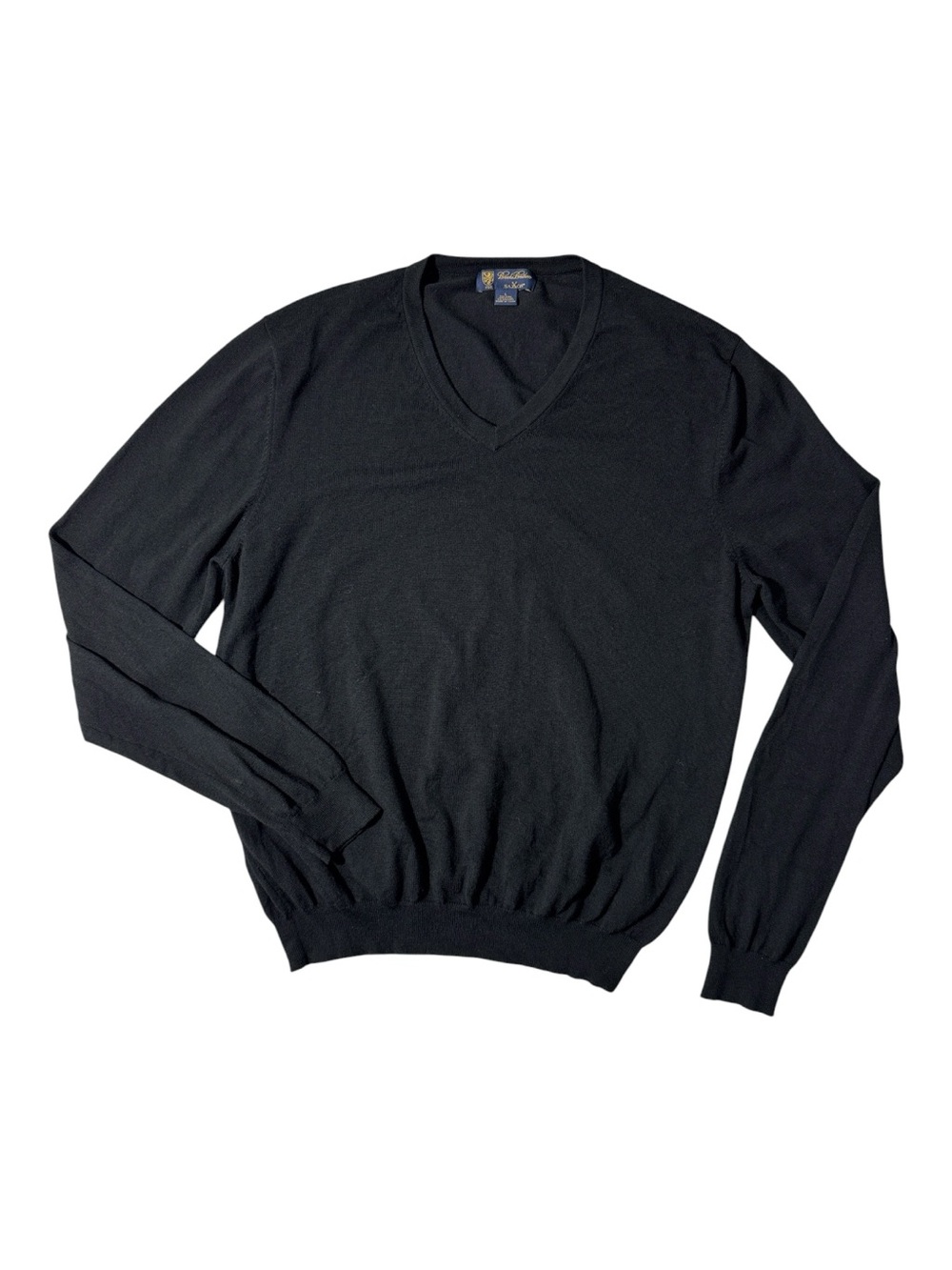 Brooks Brothers mens L Large black solid merino wool blend Saxxon v-neck sweater